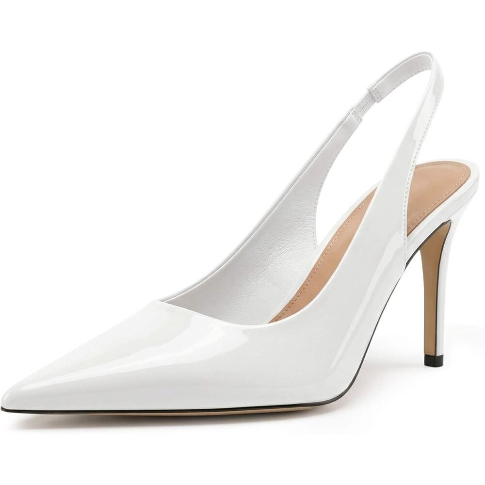Women's White PU Pointed Toe Stiletto Heel Closed Toe Pumps Slip on High Heel